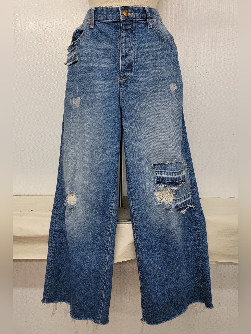 Boho Hippie Wide Leg  Jeans With Patchwork Upcycled Vintage Style